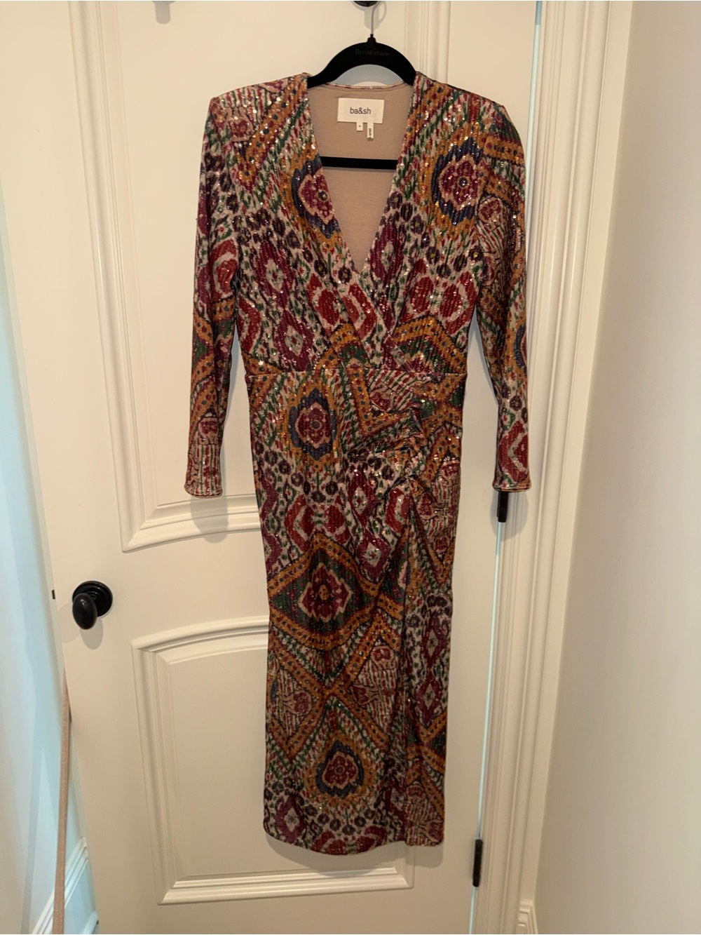 NWOT ba&sh Long-Sleeve Wrap Dress in Burgundy, Mustard & Green Print